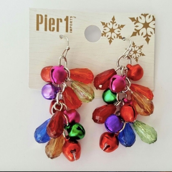 Christmas Holiday Dangle Earrings Jingle bells Pier 1 red green blue - Picture 2 of 6